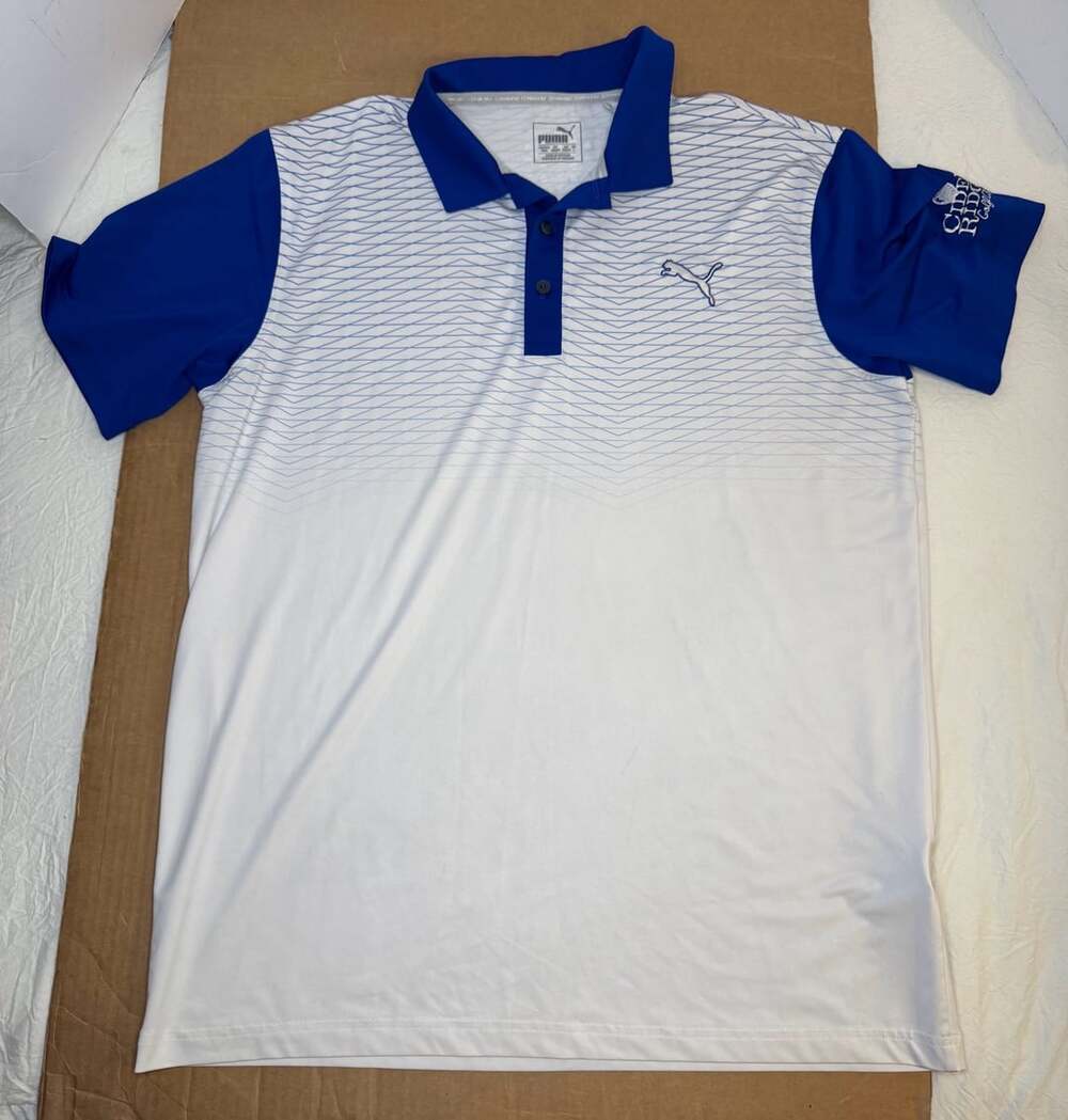 Puma Golf Polo Shirt Blue White Short Sleeve DryCell Size M